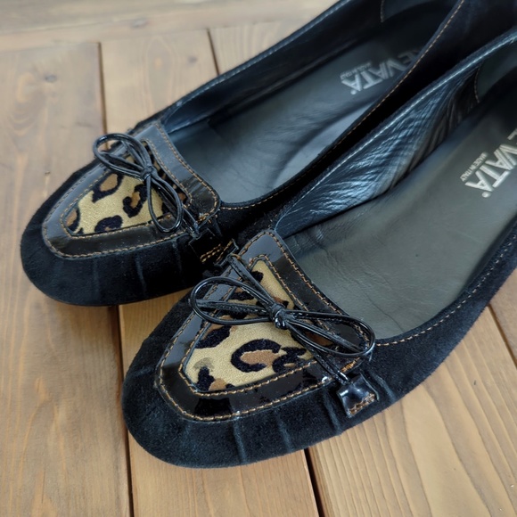 Prevata Black Leather/Suede Leopard Print Wedge Shoes - Picture 12 of 13